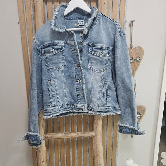 Jeansjacke "Bea" weiß mit Fransen, Jeansblau, XXL